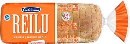 Oululainen Reilu Kaurassa on 26 % täysjyväkauraa käytetystä viljasta. Leivällä on Sydänmerkki.