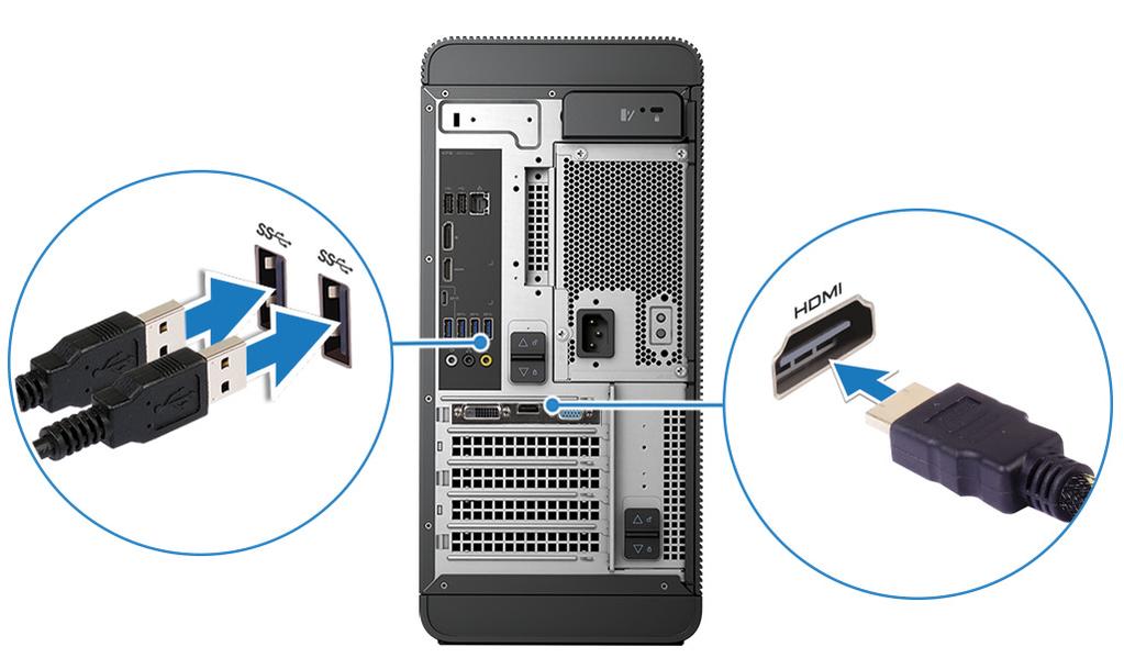 Virtuaalilasien (VR) asennus lisävaruste 1 Lataa ja suorita VR-lasien asennustyökalut osoitteesta www.dell.com/ VRsupport. 2 Kytke VR-lasit tietokoneen takaosassa oleviin merkittyihin USB 3.