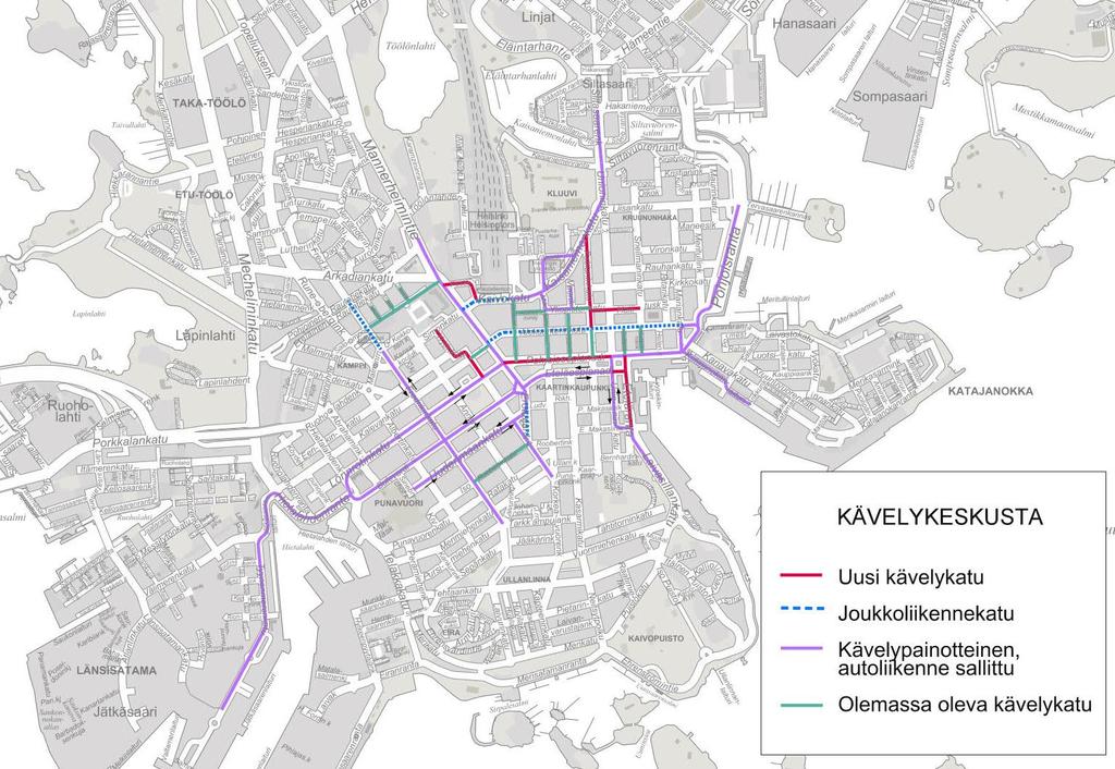 Kävelykeskusta vaihtoehto C Vaihtoehdoissa B ja C autoliikenteen läpäisevyys ytimessä säilyy.