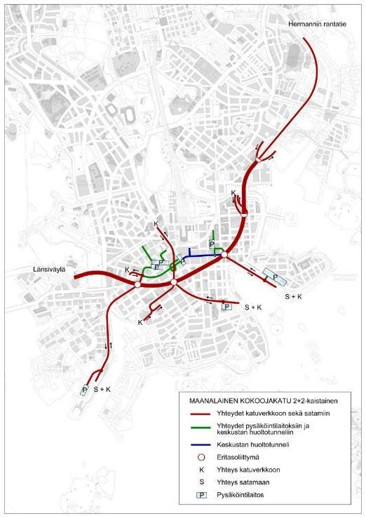 Maanalaisen kokoojakadun 2+2-kaistainen vaihtoehto Päätunneli 2+2 kaistainen Ratkaisuvaihtoehdoissa on Satamien yhteyksiä joko kaikki tai osa seuraavista: Eteläsatama, Länsisatama, Katajanokan satama