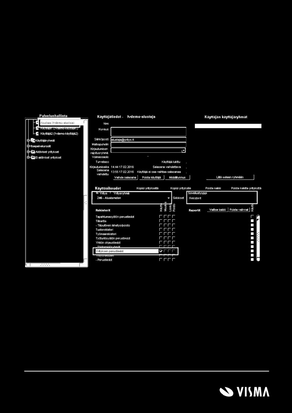el]ei aldiiviset yrrtykset Käyttäjätiedot. fvdemo-alustaja Käyttäjän käyttäjäryhmät Nimi ~ staja Kuvaus Sähköposti {alustaja@yrrtys.