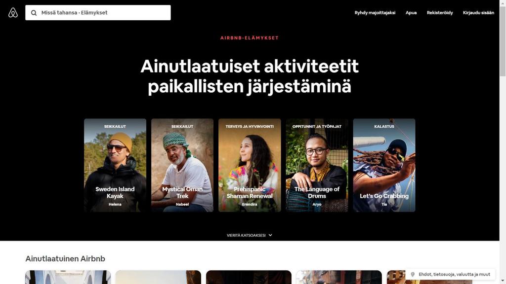 AIRBNB EXPERIENCES Alustatalouden ensimmäisiä ilmiöitä, joka mahdollistaa myynnin BtoAll = Business kaikille https://www.airbnb.