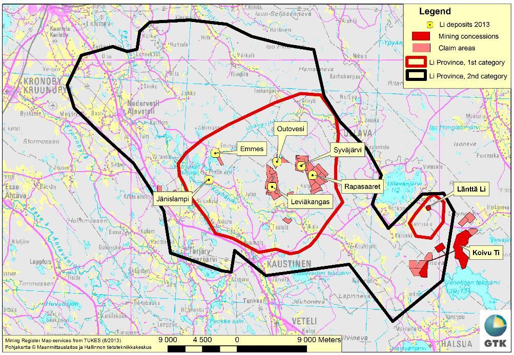 Kuva 2. Litiumprovinssi (kuvan lähde: Keski-Pohjanmaan litiumprovinssi ja GTK) Litiumprovinssi sijoittuu Kaustisen, Halsuan, Kruunupyyn, Toholammin sekä Kokkolan alueille.
