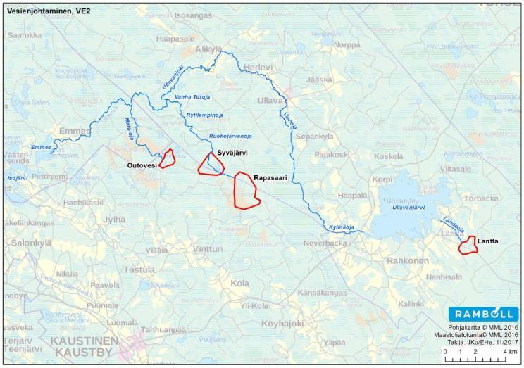 Vaihtoehto 2 (VE2), jossa malmia louhitaan Läntän, Syväjärven, Outoveden ja Rapasaaren louhosalueilta ja malmi kuljetetaan käsiteltäväksi Kalaveden tuotantolaitokselle.