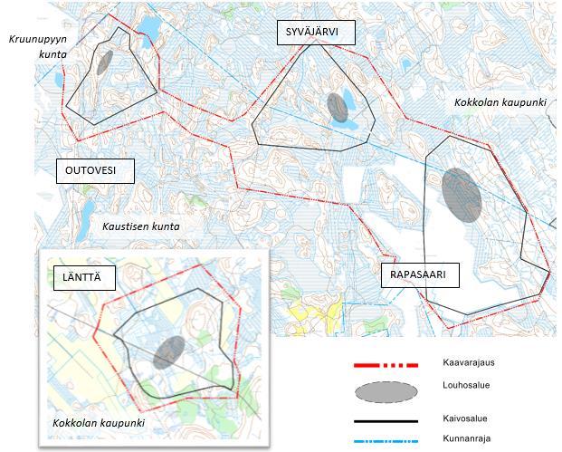 7 Osayleiskaavan vaikutusten arviointi Osayleiskaava-alueet on rajattu siten, että ne sisältävät louhinnasta aiheutuvien lähivaikutusten (esim. melu- ja pölyvaikutukset) alueet.