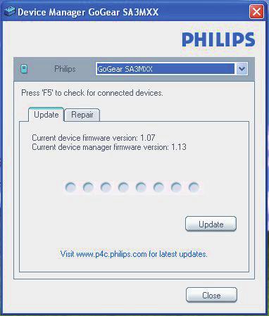 6 Päivitä laiteohjelmisto Philips Device Manager -ohjelmalla 1 Varmista, että tietokoneesta on yhteys Internetiin. 2 Käynnistä Philips Device Manager. Valintaikkuna tulee näyttöön.