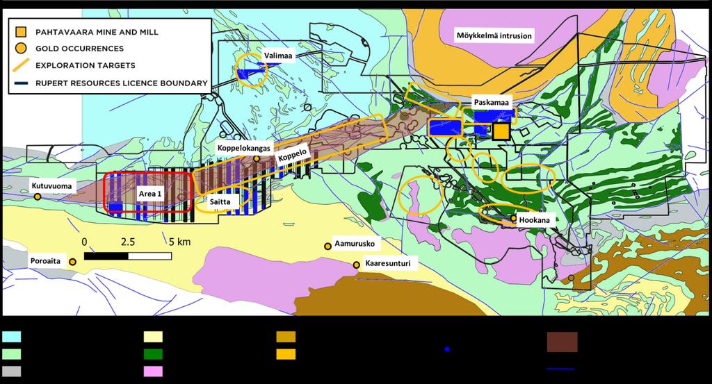 - 2 Kuva 1. Rupert Resources alueelliset malminetsintäkohteet. Rupert aloitti 3000 pisteen pohjamoreeninäytteenoton Area 1:llä tammikuussa 2019 (katso kuva 2).