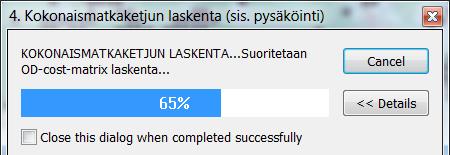Mikäli laskenta kestää loputtoman kauan voit yrittää käynnistää työkalun uudelleen vähennettyäsi lähtöpisteiden määrää seuraavasti: Luo uusi taso, johon valitset ne YKR-ruutujen keskipisteet joissa