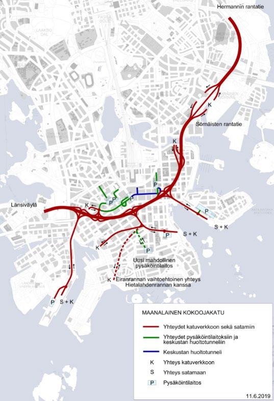 Ehdotus jatkosuunnitteluun; maanalainen kokoojakatu 2+2-kaistainen päätunneli yhteydet kaikkiin kolmeen satamaan ja lähikatuverkkoon yhteys eteläiseen kantakaupunkiin Hietalahdenrantaan tai