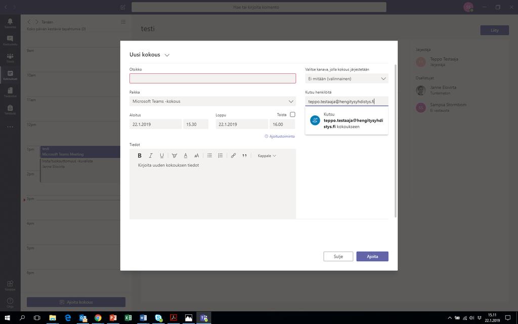 8. Lopuksi kokoukseen tulee vielä lisätä osallistuja. Teams ei anna luoda kokousta ilman osallistujan lisäämistä. Tästä syystä ensimmäinen kutsu tulee lähettää Teamsin kautta.