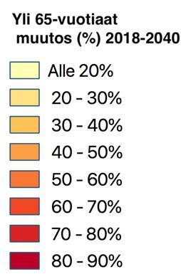 Yli 64-vuotiaiden määrä kasvaa ennusteen mukaan merkittävästi kaikissa KUUMAkunnissa alhaisen lähtötason vuoksi Yli 64-vuotiaiden osuus määrä