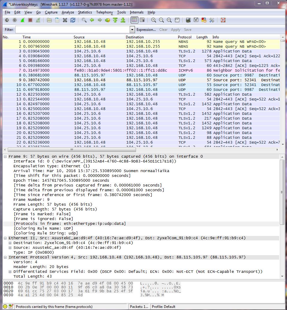 Kuva 10. Wiresharkin käyttöliittymä ja taltiointi lähiverkkoliikenteestä.