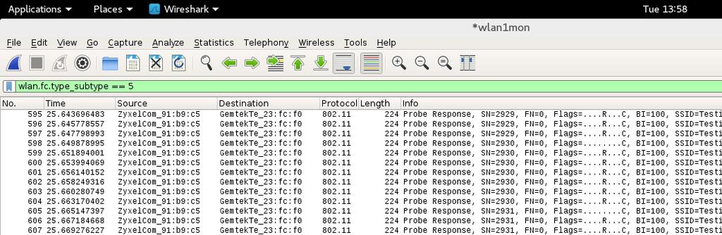 Kuva 12. Wireshark-taltiointi WLAN-reitittimen lähettämistä probe response-kehyksistä.