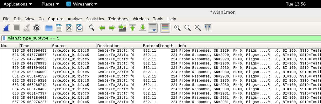 Kuva 12. Wireshark-taltiointi WLAN-reitittimen lähettämistä probe response-kehyksistä.