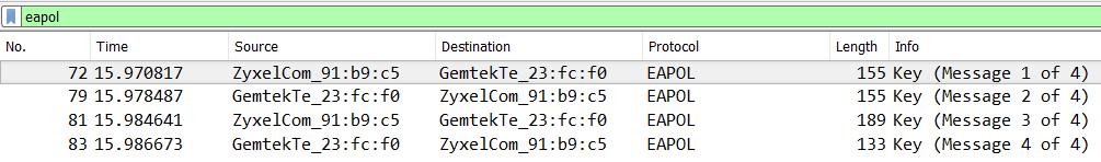 PSK:n selvittämiseksi vaaditaan käyttäjän kirjautuminen Testi-verkkoon ja neliosaisen kättelyn taltiointi (Kuva 14, Kuva 15). Kuva 14. airodump ja neliosaisen kättelyn onnistunut taltiointi. Kuva 15. Taltioitu kokonainen neliosainen kättely Wiresharkissa avattuna.