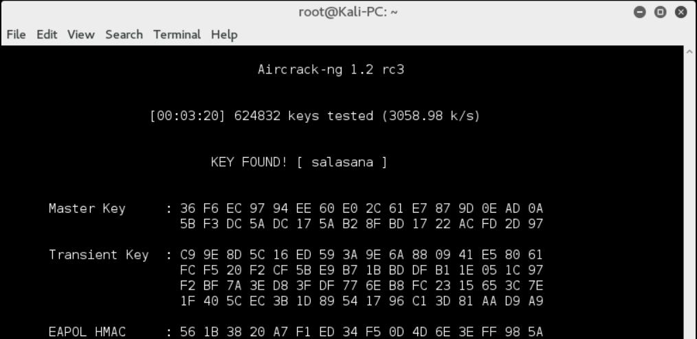 Kuva 16. WPA2-avaimen purkaminen aircrackillä. Aircrack sai varsin lyhyessä ajassa laskettua ja selvitettyä langattoman lähiverkon PSK:n.