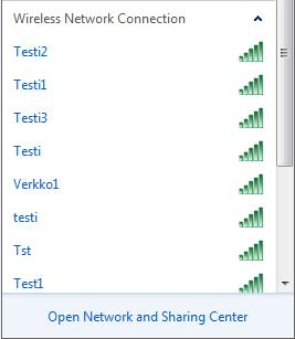 Kuva 21. Käyttäjän kannettavan tietokoneen näkymä verkoista. Joukossa langattoman reitittimen mainostama oikea SSID Testi.
