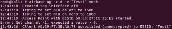 ifconfig Silta up Puhelimesta asetettiin WLAN-toiminto päälle ja pian tämän jälkeen, puhelin havaitsi lähistöllä olevan Testi-verkon.