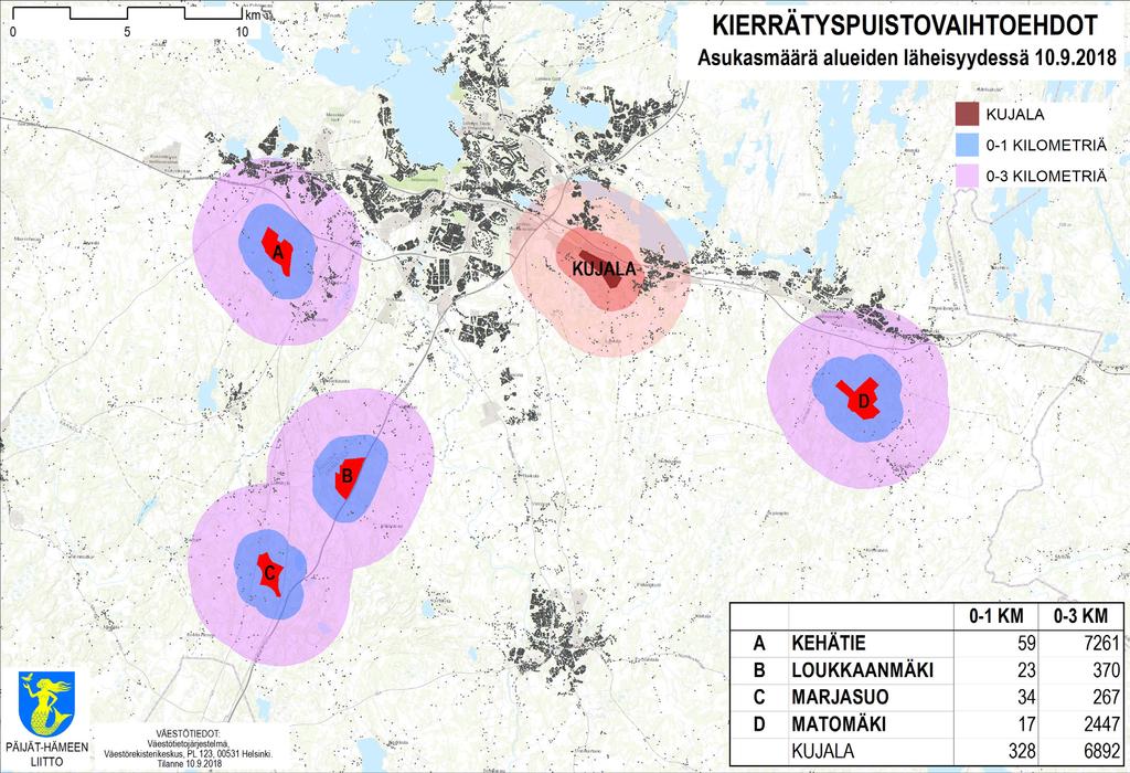 10 Kuva: Kierrätyspuiston aluevaihtoehtojen vaikutusalueet aluerajaustyön FCG/17.