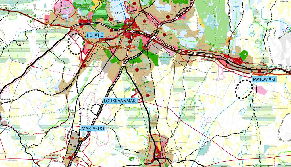 Alueet ovat pääosin mäkistä metsätalousmaata. Lainvoimaisessa maakuntakaavassa Kehätie, Matomäki ja Loukkaanmäki sijoittuvat maaseutumaiselle alueelle.