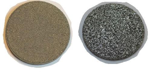 Figure 9. Uncoated filters, M3000416 filter manufactured of 1.4767 mod.2 steel alloy with pores of 160-300 μm on left and SIKA R 100AX filter manufactured of AISI 316L steel alloy on right. 5.