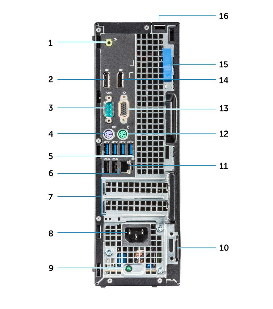 Kotelon takanäkymä Radeon R7 A -sarjan APU 1 Linjalähtöportti 2 DisplayPort 3 Sarjaportti 4 PS/2-näppäimistöportti 5 USB 3.0 -portit 6 USB 2.