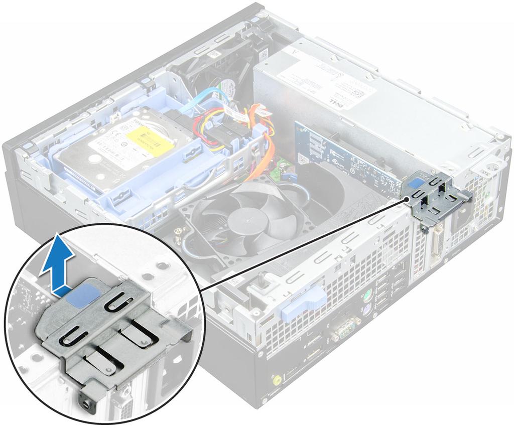 4 PCIe-laajennuskortin irrottaminen: a Vapauta PCIe-laajennuskortti vetämällä vapautussalpaa [1].