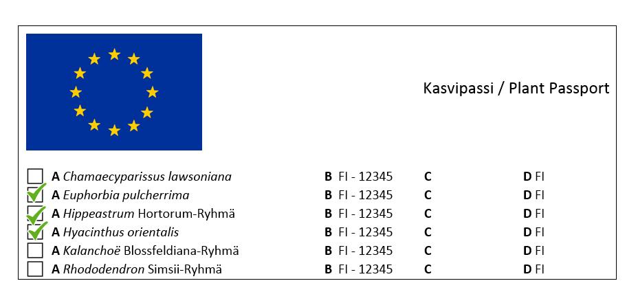 3 (5) Kasvilajikohtainen kasvipassi / taimiaineisto Käytetään aina taimiaineistolla. Sisältää jäljitettävyyskoodin (kohta C).