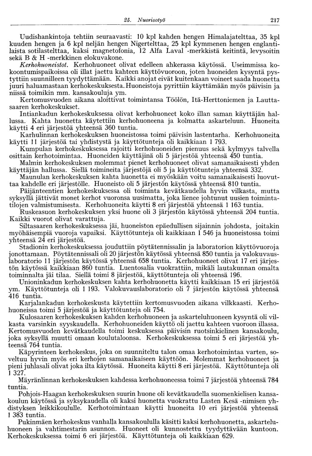 25. Nuorisotyö 217 Uudishankintoja tehtiin seuraavasti: 10 kpl kahden hengen Himalajatelttaa, 35 kpl kuuden hengen ja 6 kpl neljän hengen Nigertelttaa, 25 kpl kymmenen hengen englantilaista