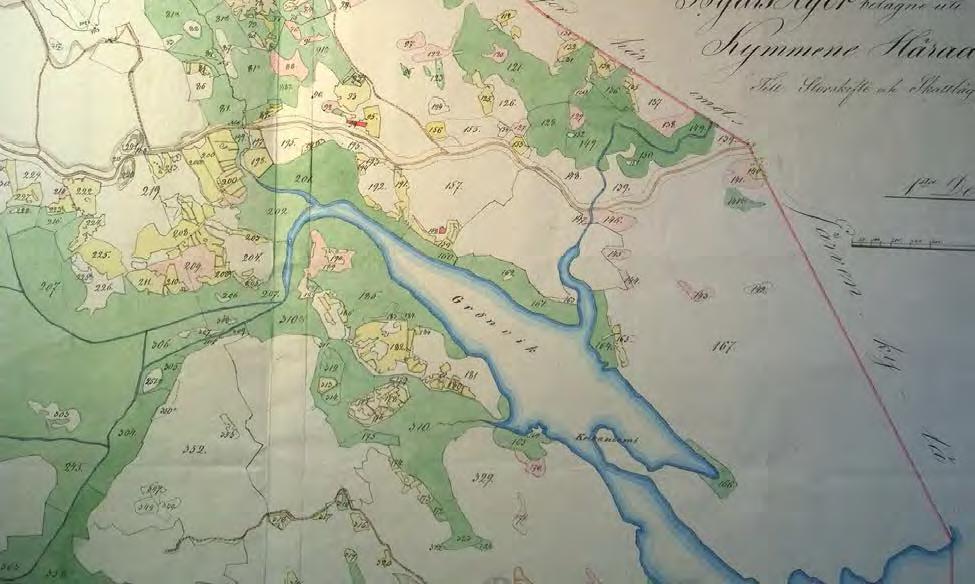 Ote vuoden 1833 isojakokartasta. Lähde: Kansallisarkisto, Maanmittaushallituksen uudistusarkisto, Virolahti, Sydänkylä, G22:12/1-8. J. Gahnberg 1833.