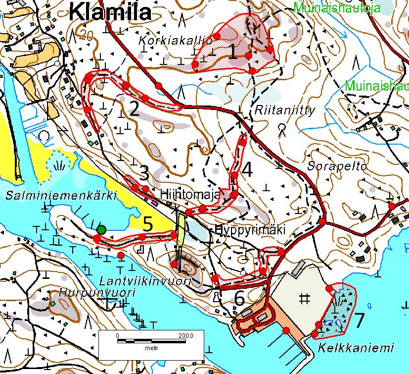 Virolahden Klamilan osayleiskaavan luontoselvitys 2016 Kartta 2. Lepakoiden ruokailu- ja siirtymäalueet sataman alueella 1 7 on rajattu punaisella.