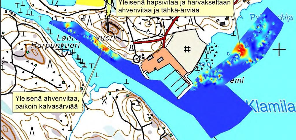 Kuva 1. Uposvesikasvillisuuden runsaus (ns. biovolyymi) tutkimusalueella.