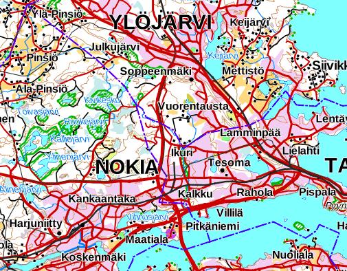 TYÖN TAUSTAT Selvityksen kohteena oleva noin 134 hehtaarin alue sijaitsee Nokialla, ns. Kolmenkulman alueella, keskustasta koilliseen, Pori-Tamperetien pohjoispuolella.