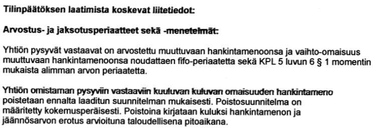noudatetut säännökset sekä arvostus- ja jaksotusperiaatteet ja menetelmät.