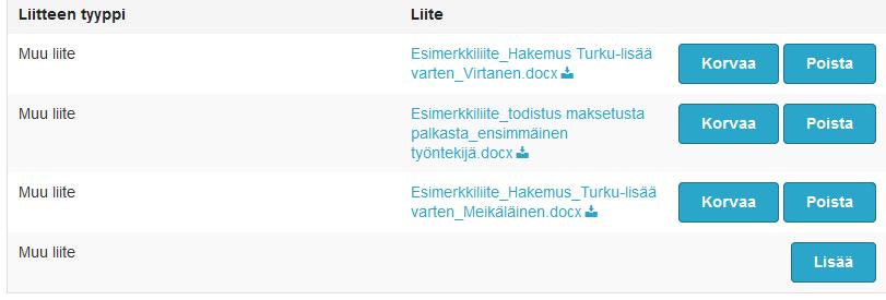 5 jälkeen klikkaa uudelleen ylhäällä olevaa Toimipaikat välilehteä. Lisää uusi hakemus Muu liite -kohtaan. Älä korvaa tai poista vanhoja hakemuksia. Nimeä liite kuvaavasti kyseisen työntekijän mukaan.