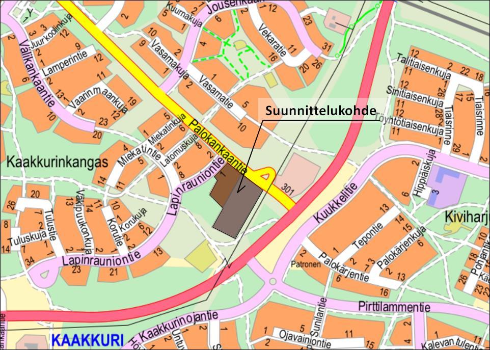 1. Suunnittelukohteen sijainti ja nykytila Suunnittelukohde, Lapinrauniontie 3, sijaitsee Kaakkurin kaupunginosan korttelissa 75 tonteilla 1 ja 3.