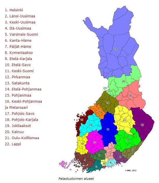 18 4 PELASTUSTOIMI NYT JA MAAKUNNISSA 4.1 Pelastustoimi nyt Kuvio esittää nykytilaa, kuinka pelastuslaitokset jakautuvat suomen kartalle.