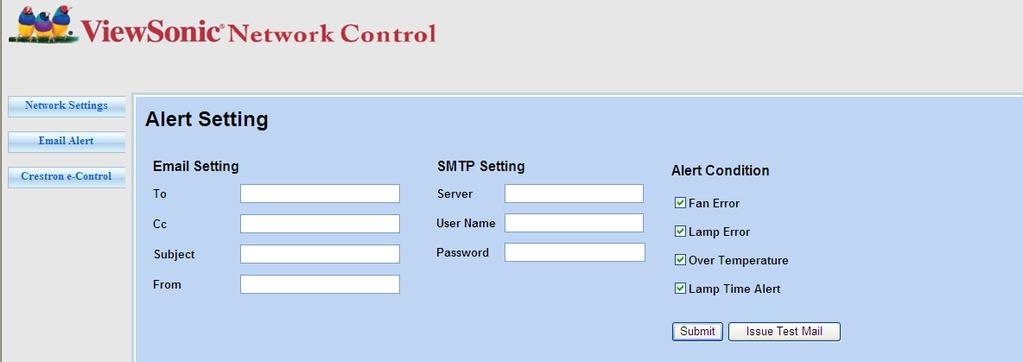 Crestron (e-control) -sivulla näkyy Crestron e-control -käyttöliittymä. Katso lisätietoa osiosta "Lisätietoa Crestron e-control -sivusta" sivulla 42.