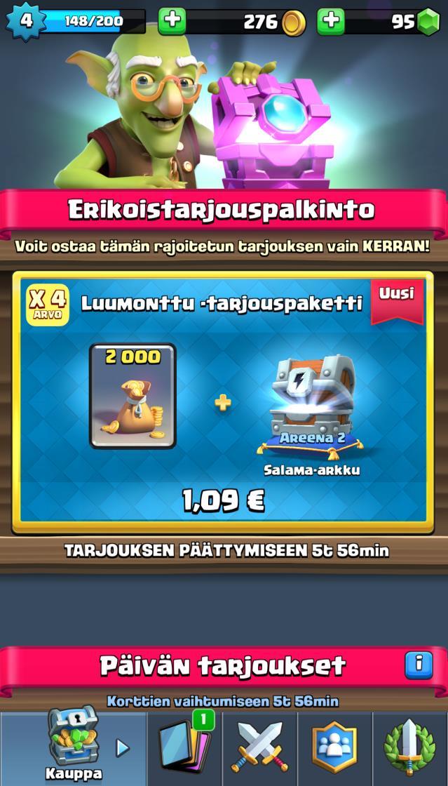 23 3.4.1 Monetisaatio Clash Royale sisältää ainoastaan pelinsisäisiä ostoksia (IAP). Peli sisältää kaksi eri valuuttaa, kullan ja timantit.