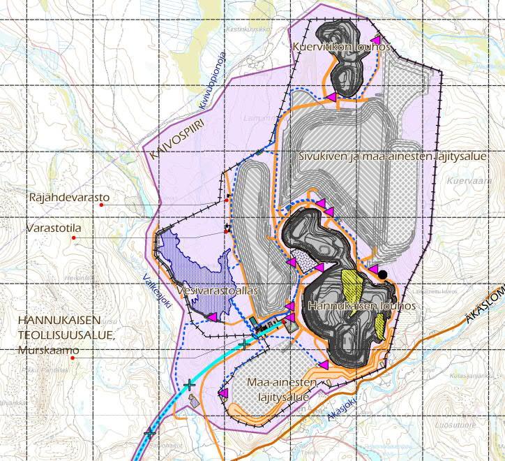 11 (97) Kuva 4-3. Hannukaisen kaivosalueelle suunnitellut toiminnot. Kuvan ruutujako on 1 km. 4.3 Rautuvaaran alue Rautuvaaran alue on alkujaan ollut osa Niesajoen virtausuomaa.