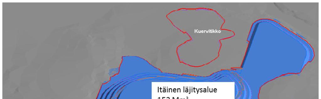 63 (97) Kuva 8-4. Sivukiven ja irtomaan läjitysalueiden pinta-alat ja täyttökapasitteetti (m 3 -rtr). Muokattu, alkuperäinen viistokuva SRK Consulting 2013d.