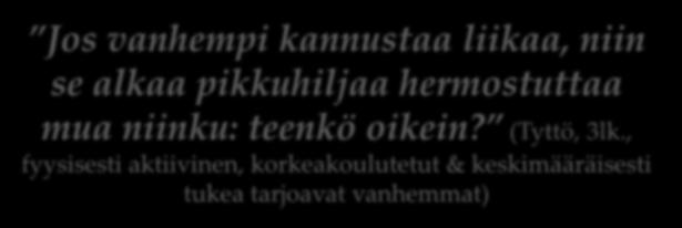 Vaativuus Pakottava kontrolli Vaatimus liikunnan suorittamiseen Jos vanhempi kannustaa liikaa, niin se alkaa pikkuhiljaa hermostuttaa mua niinku: teenkö oikein? (Tyttö, 3lk.