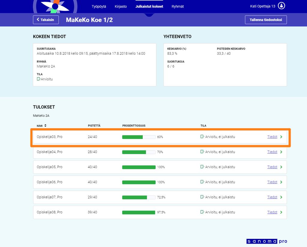 Kokeen tulosten tarkastelu Kun oppilas lähettää vastaukset opettajalle tai kokeen suoritusaika päättyy, Kompassin tarkistaa automaattisesti kaikki MaKeKo kokeiden tehtävät.