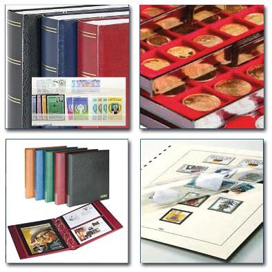 Keräily- ja korulaatikot Säiliökirjat postimerkeille Postimerkkikansiot Postimerkkipakkauksia Kuori- ja korttikansiot Suurennuslasit, luupit Käsittely- ja