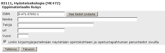 Järjestelmä saattaa joskus myös ilmoittaa ettei tietoja löytynyt Lindasta.