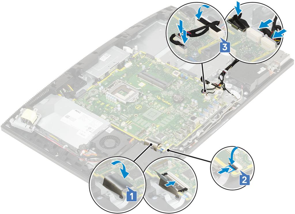 4. Asenna seuraavat komponentit: a) I/O-kiinnike b) Rungon suojus c) Suoritin d) Jäähdytyselementti e) Järjestelmän tuuletin f) WLAN-kortti g) SSD h) Intel Optane i) Emolevyn suojus j) Muisti k)