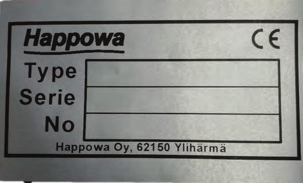 2. TEKNISET TIEDOT Koneen tunnistamistiedot löytyvät kuvan mukaisesta konekilvestä. Nämä konetiedot helpottavat huoltoa ja varaosatilauksia.