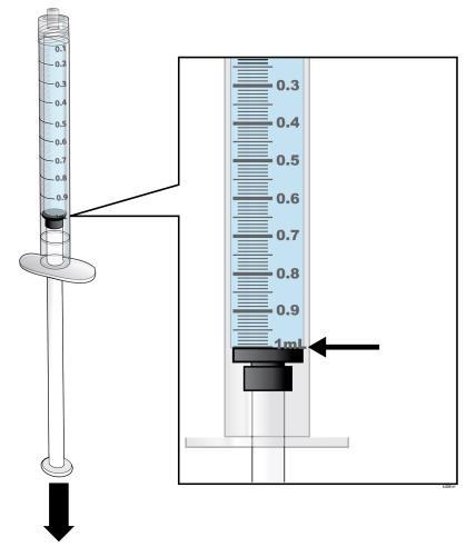 Tee näin: Ota 1 ml:n ruisku pois pakkauksestaan. Vedä ruiskuun ilmaa 1 ml:n merkkiin asti.