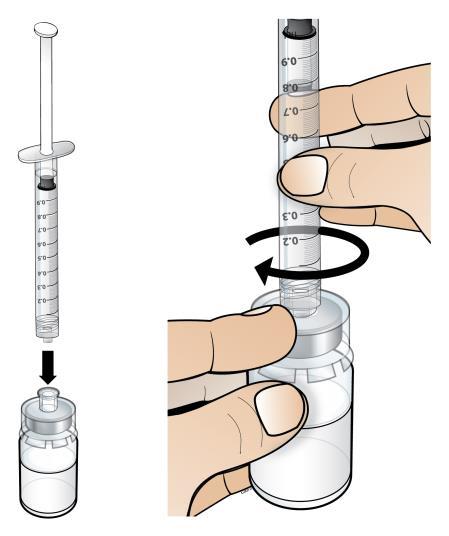 Vedä ruiskuun ilmaa 1 ml:n merkkiin asti Kiinnitä 1 ml:n ruisku valmista Nplate-liuosta