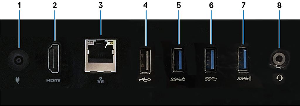 Taustapaneeli 1 Verkkolaiteportti Kytke verkkolaite saadaksesi tietokoneeseen virtaa. 2 HDMI-lähtöportti Kytke TV tai toinen HDMI-tulolla varustettu laite. Tarjoaa video- ja audiolähdön.